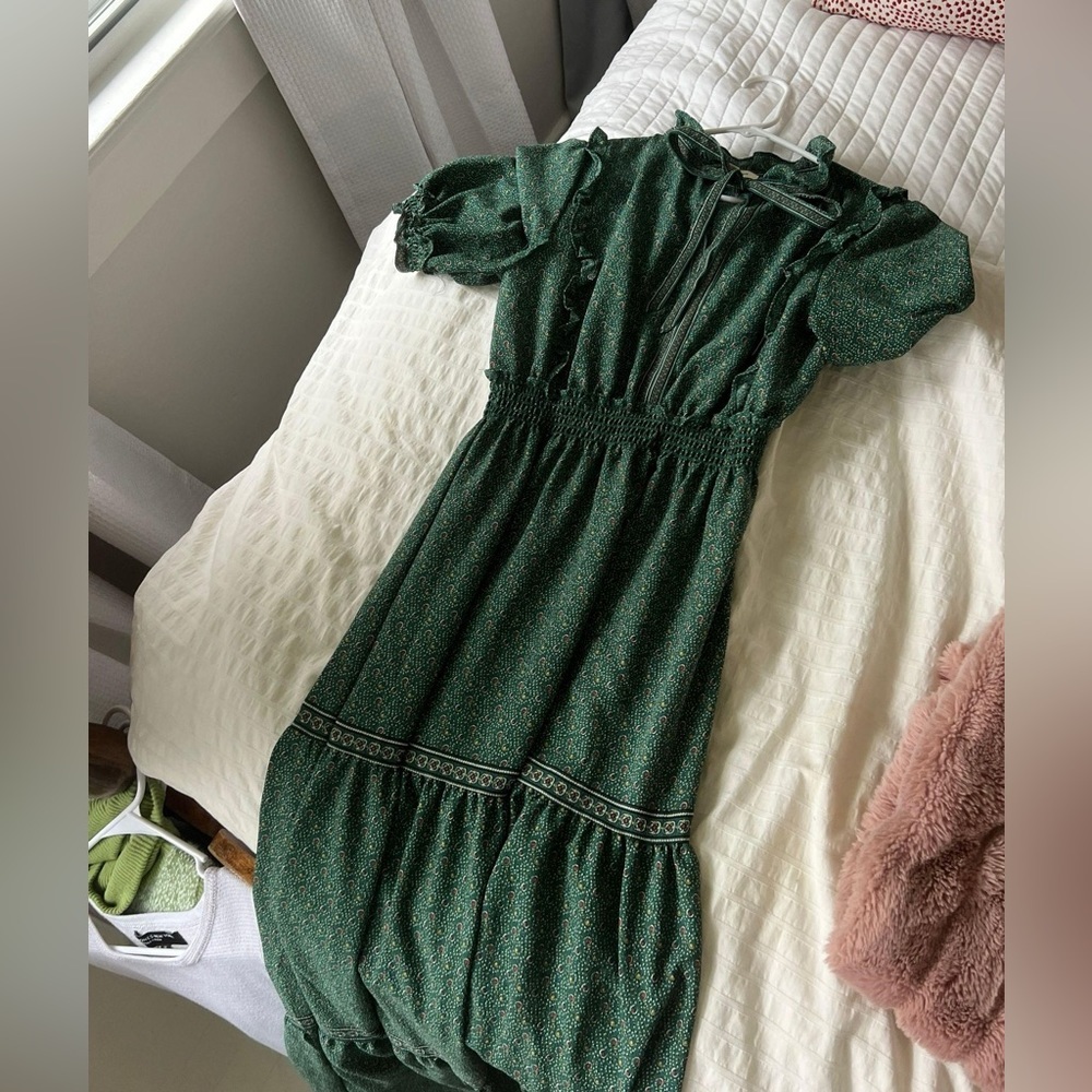 Max Studio | green country maxi dress with folky florals, size small